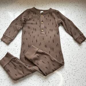 3/$12 Brown Waffle Knit Forrest Patterned One Piece Long Sleeve Outfit